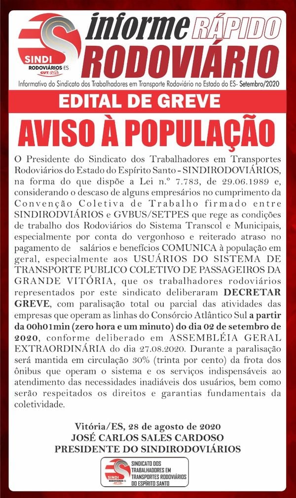 Edital de greve foi publicado nas redes sociais do Sindirodoviários, na noite dessa sexta-feira (28)
