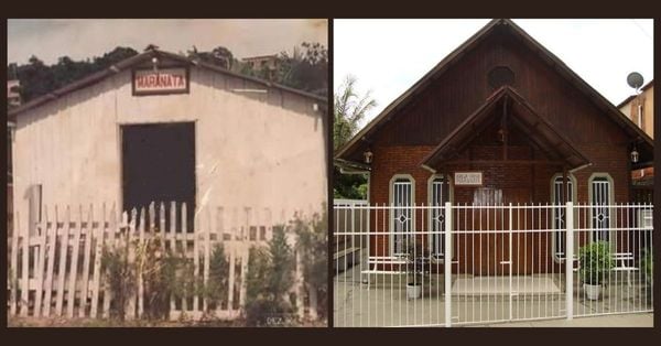 À esquerda, pequena casa onde aconteciam as reuniões dos primeiros membros da ICM. À direita, um templo da denominação nos dias de hoje. 