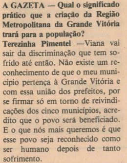 Terezinha Pimentel ex-prefeita de Viana, em entrevista à A Gazeta, em 1991