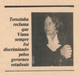 Terezinha Pimentel ex-prefeita de Viana, em entrevista à A Gazeta, em 1991