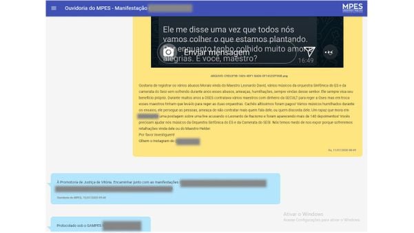 Prints das denúncias contra o maestro Leonardo David, que chegaram ao MPES sobre assédio moral e sexual 