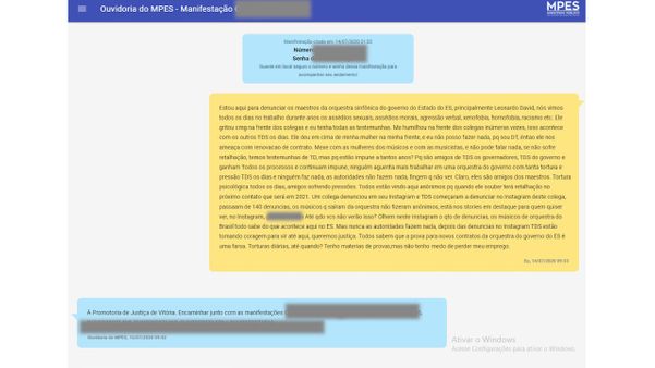 Prints das denúncias contra o maestro Leonardo David, que chegaram ao MPES sobre assédio moral e sexual 