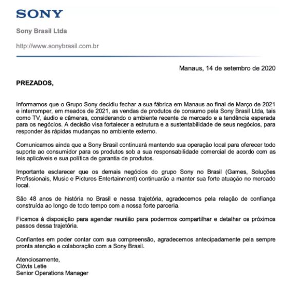Comunicado da Sony ao varejo informando sobre o encerramento das atividades da fábrica de Manaus