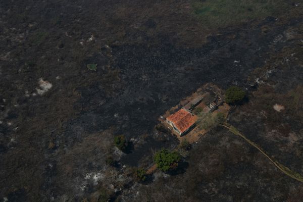 Uma vista aérea mostra uma casa cercada por vegetação queimada no Pantanal, a maior área úmida do mundo, em Pocone, Mato Grosso, Brasil, 28 de agosto de 2020. REUTERS / Amanda Perobelli  