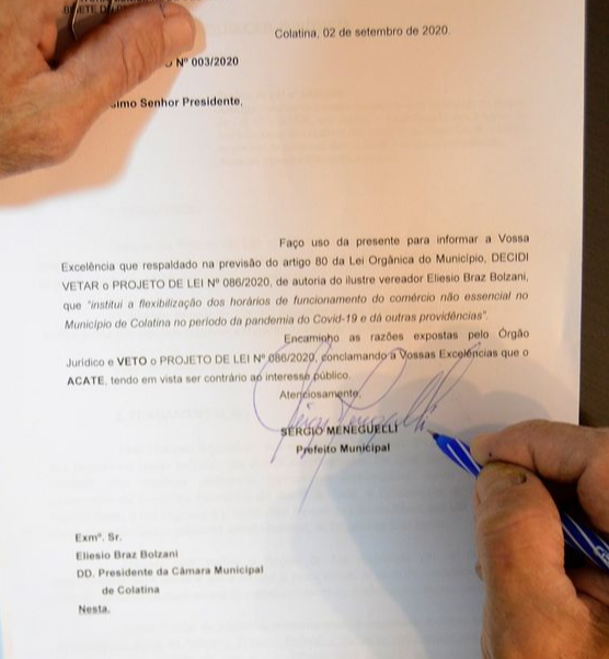 Projeto foi vetado por Sérgio Meneguelli . Crédito: Prefeitura de Colatina/ Divulgação