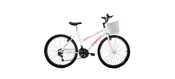 Bicicleta TrackBikes Serena Moutain Bike, aro 26, com cesto. Branco com rosa. Código: 450867. por Sipolatti/Divulgação