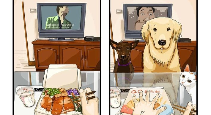 A gatinha Chloé descobriu John, um artista taiwanês, no Facebook e ficou apaixonada por suas obras. O golden retriever que aparece nas ilustrações já partiu, mas ele tem ainda um cachorro e seis gatos, todos adotados das ruas