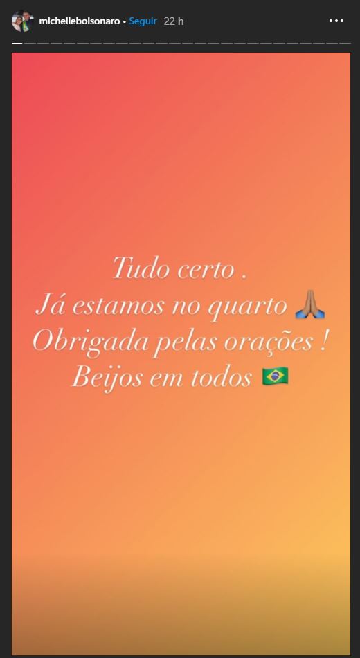 Michelle Bolsonaro escreve no stories do Instagram sobre a recuperação do marido