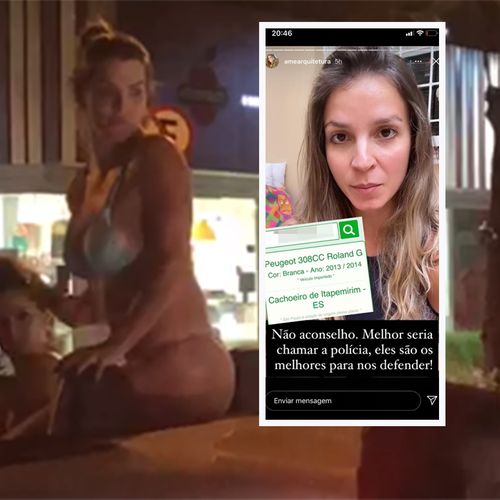 O vídeo – que circula nas redes sociais – mostra duas mulheres de biquíni em cima de um carro conversível. Quando o veículo passa próximo a um restaurante, uma mulher se incomoda com a cena e joga uma garrafa de água contra os ocupantes do carro