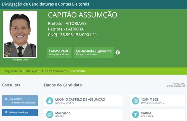Capitão Assumção (Patriota) está vestindo farda na foto oficial do registro de candidaturas do TSE 