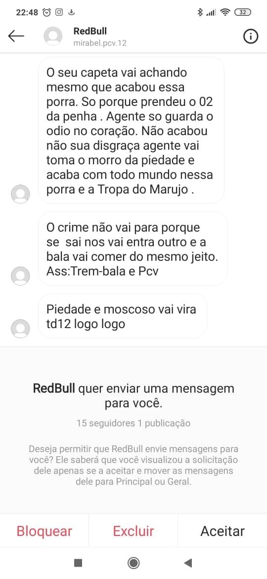 Reprodução de mensagem com ameaças ao secretário de Segurança Pública, Alexandre Ramalho