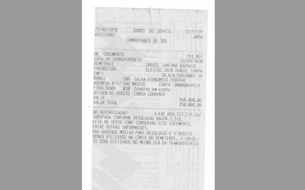 Comprovante de TED no valor de R$ 150 mil, do candidato Daniel da Açaí