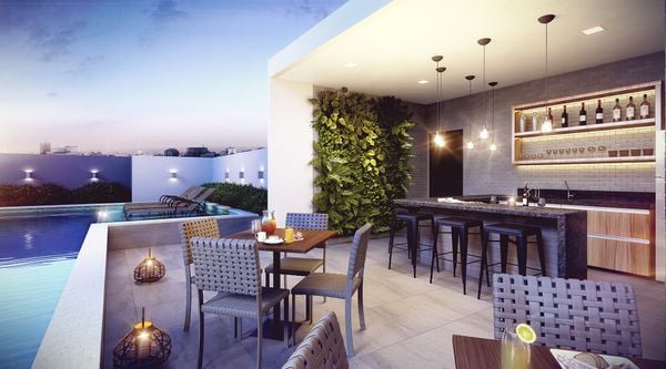 Uniplace Easy Life possui área de lazer completa na cobertura, com piscina com borda elevada e deck molhado, churrasqueira, salão de festas gourmet, bar da piscina, dentre outros