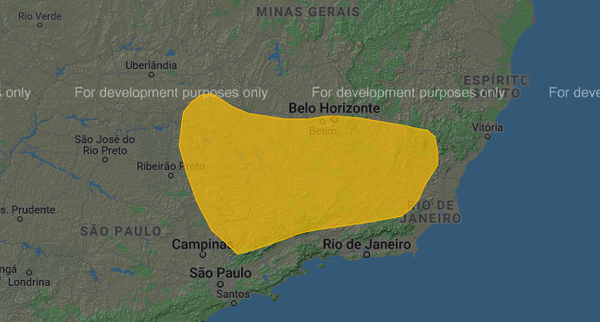 Imagem de satélite da região Sudeste do Brasil com a área que abrange o alerta do Ceptec