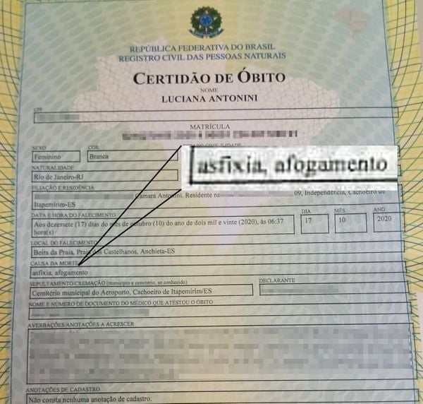 Certidão de óbito de Luciana Antonini, mulher encontrada morta na praia de Castelhanos, em Anchieta, Litoral Sul do Espírito Santo