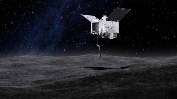 Simulação do momento em que a sonda OSIRIS-REx contacta o asteroide Bennu 