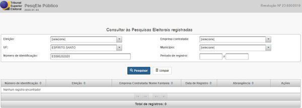 Sistema do TSE aponta que não há nenhuma pesquisa registrada no ES sob o número que consta em imagem que vem sendo compartilhada
