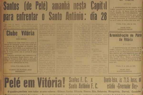 Em julho de 1965, A Gazeta fez a cobertura da histórica partida entre Santo Antônio e Santos por Cedoc/A Gazeta