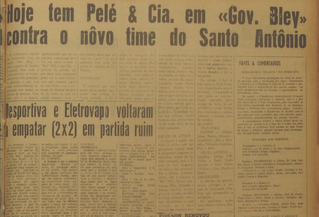 Em julho de 1965, A Gazeta fez a cobertura da histórica partida entre Santo Antônio e Santos