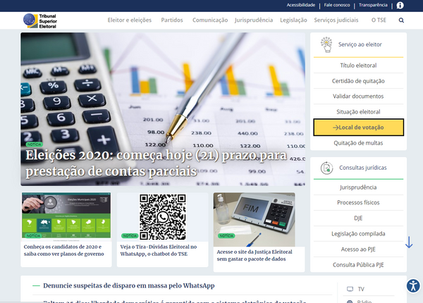 Página oficial do site do TSE