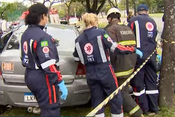 Motorista perdeu o controle do veículo e atingiu uma poste no canteiro central por Reprodução/TV Gazeta