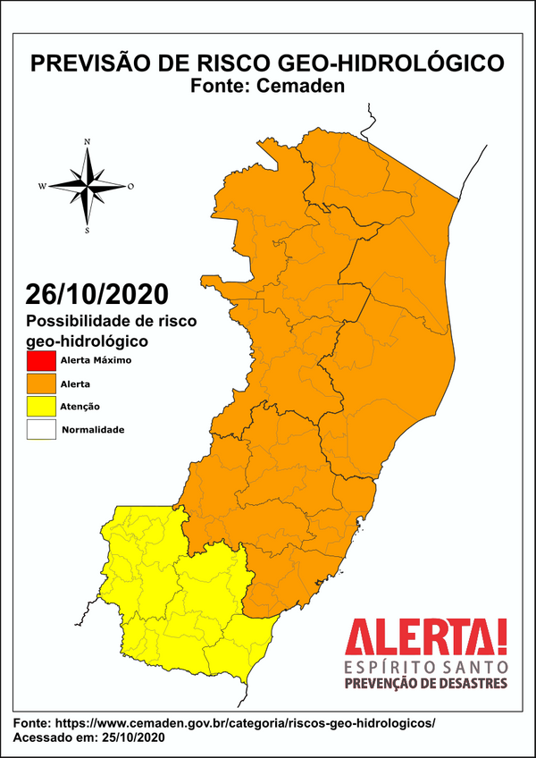 Possibilidade de risco de deslizamento de terra e deslocamento de massas no ES para a segunda-feira (26)