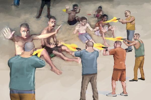 Ilustrações simulando como ocorreu a chacina na ilha Dr. Américo