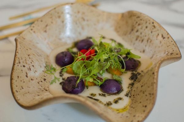 Nhoque de batata doce roxa, molho branco e azeite de ervas, receita vegana da chef Nayara Soares