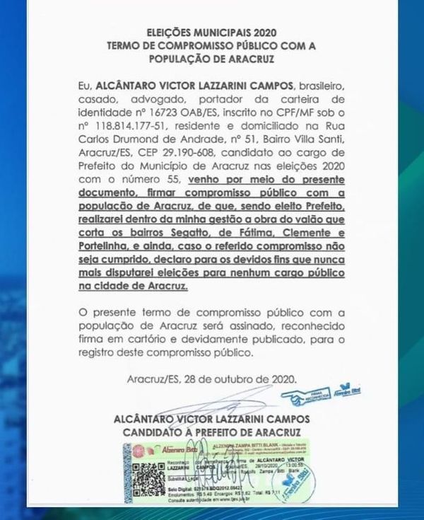 A promessa do candidato registrada em cartório na última quarta-feira (28)