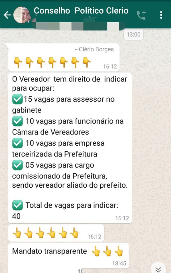 Mensagem circulou em grupos do Whatsapp, mas vereadores não têm direito a indicar vagas no Executivo. E se indicarem, é crime