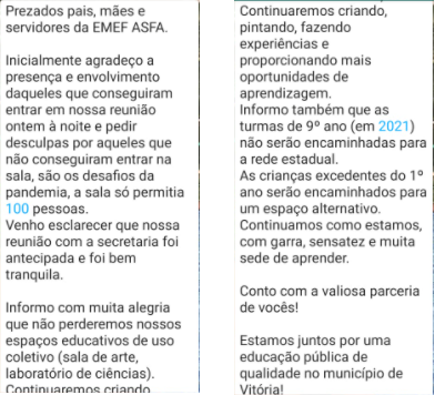 Mensagem enviada por WhatsApp para pais e funcionários da Escola Adevalni Sysesmundo Ferreira de Azevedo (ASFA) 