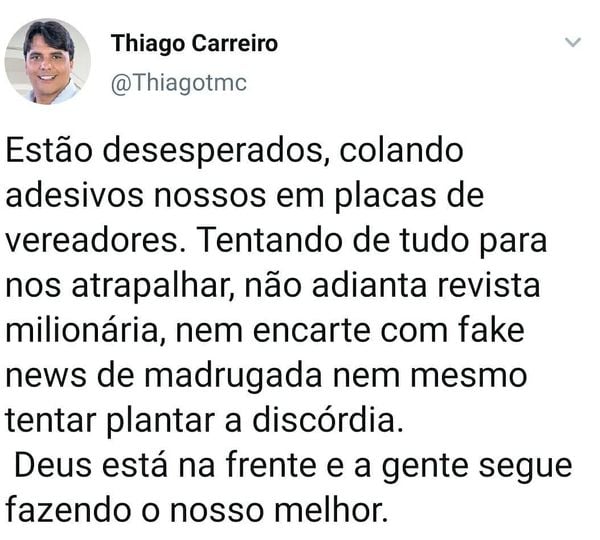 Thiago Carreiro (Cidadania), vice de Vidigal, tem concentrado as críticas aos adversários da chapa na Serra