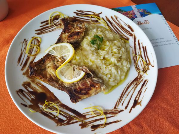 Peixe grelhado com risoto de limão siciliano do restaurante Cantina do Bacco por Shipp/Divulgação