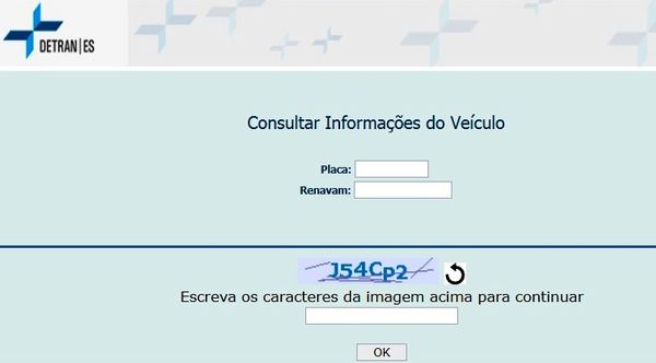 Tela Detran-ES, consulta de informações do veículo