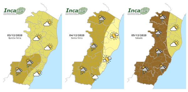 Previsão de chuva no ES, segundo o Incaper