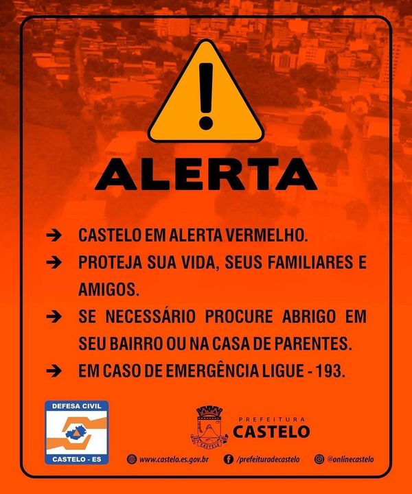 Prefeitura de Castelo publica aviso de alerta vermelho
