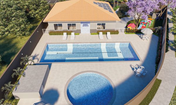 A área de lazer do Vista de Pitanga será entregue com paisagismo e mobiliada. Esta imagem é ilustrativa e provisória, sujeita a alterações