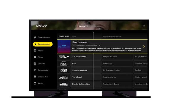 Tela do novo serviço de streaming gratuito Pluto TV, que chega ao Brasil para concorrer com a TV aberta