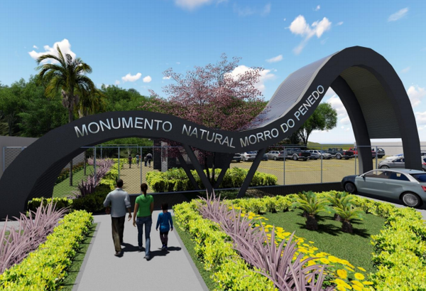Projeção da entrada do Monumento Natural do Morro do Penedo