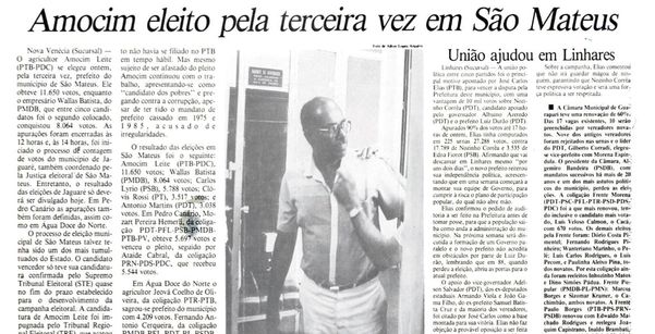 Matéria com o resultado das eleições em São Mateus, em 1992 por Arquivo AG