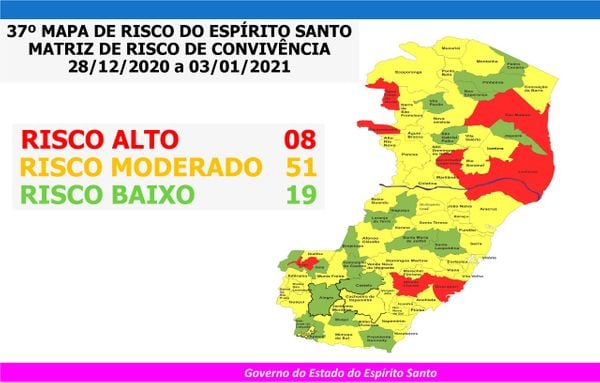  37º Mapa de Risco Covid-19 do Espírito Santo traz oito cidades em risco alto