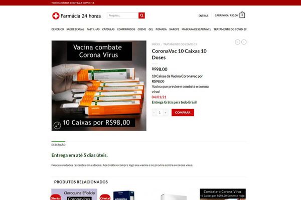 Reprodução do site de farmácia e oferecia dez caixas da vacina contra o novo coronavírus, a Coronavac, por R$ 98