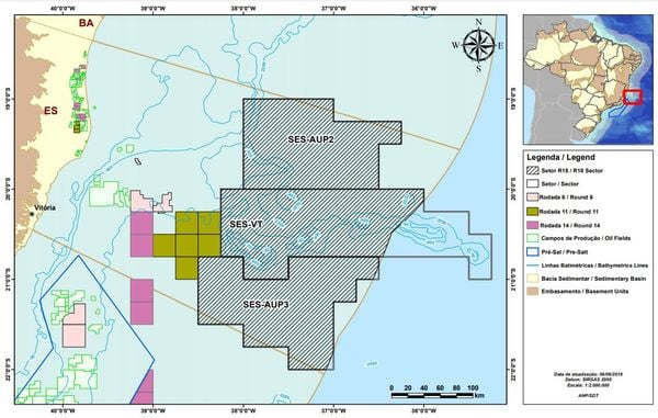Mapa prévio da 18ª Rodada de Licitações, que será feita em 2022, que prevê a oferta de setores no Norte do ES