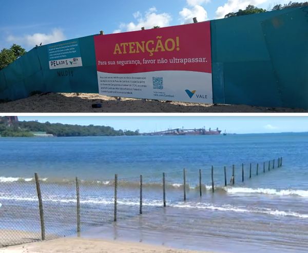 Barreira se estende da faixa de areia até certa profundidade do mar da Praia de Camburi