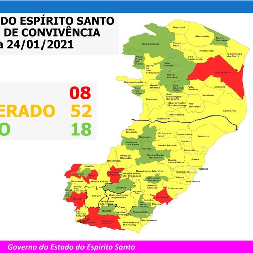 Anchieta, Apiacá, Bom Jesus do Norte, Conceição do Castelo, Guaçuí, Iúna, Mimoso do Sul e São Mateus estão classificados com o risco alto de contágio da doença a partir de segunda (18)