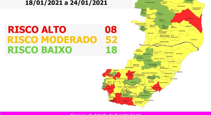 Anchieta, Apiacá, Bom Jesus do Norte, Conceição do Castelo, Guaçuí, Iúna, Mimoso do Sul e São Mateus estão classificados com o risco alto de contágio da doença a partir de segunda (18)
