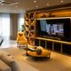 Sala de estar tem como destaque a estante planejada sob medida, cuja TV é o ponto central.