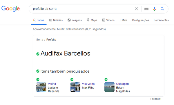 Busca no Google por prefeito da Serra mostra o nome de Audifax Barcelos