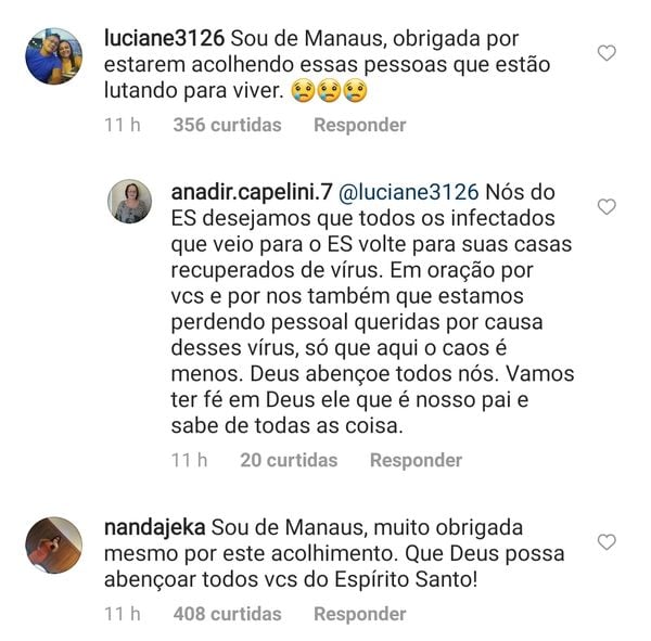 A transferência dos pacientes com coronavírus de Manaus para o Espírito Santo repercute no Amazonas. Moradores de Manaus agradeceram nas redes sociais a recepção dos manauaras.