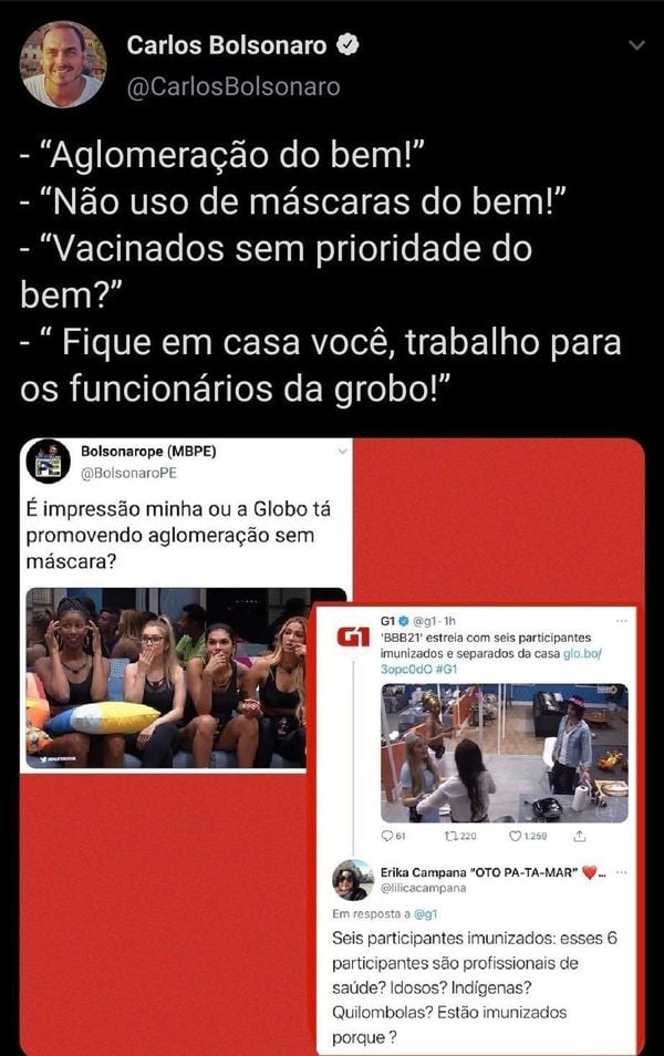 Em tuíte, Carlos Bolsonaro confunde imunização do BBB com vacina 